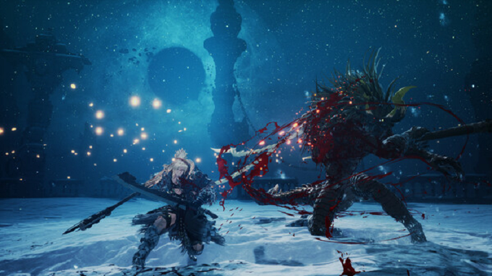 The First Berserker: Khazan gameplay screenshot showing Khazan, a fallen hero, in a snowy landscape, engaging in intense combat with enemies, set for a 2025 release on PC, PlayStation 5, and Xbox Series X|S.