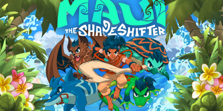 Maui the Shapeshifter gameplay screenshot from Gamescom featuring Polynesian island setting, shapeshifting powers, magic fish hook, and Metroidvania exploration.