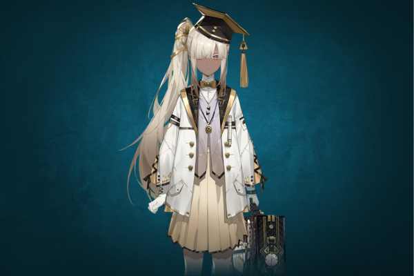 Ninsar, the stoic scholar and future-seer from Black Beacon, standing composed with an ancient scroll, next to her twin Enki.
