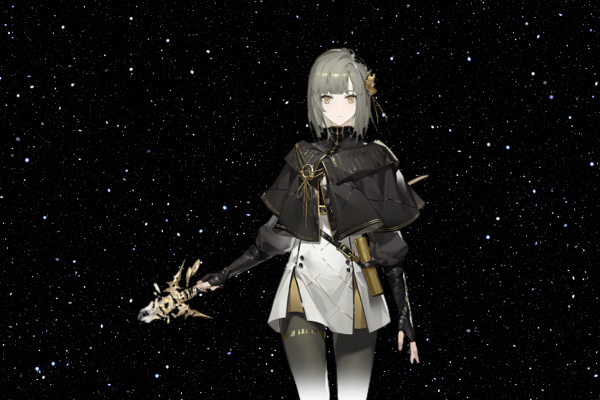 Zero, the silent guardian of the Library of Babel in Black Beacon, wearing a golden eight-petal flower and standing calm and emotionless.