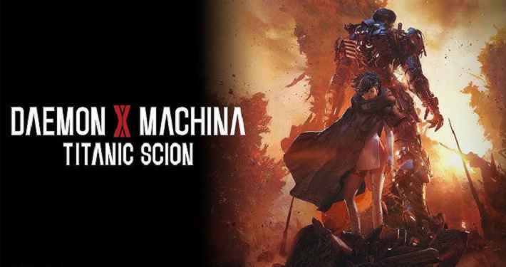 Daemon X Machina Titanic Scion mech combat gameplay showing customization and sci-fi action gaming on PS5, Nintendo Switch 2, Xbox, and PC platforms.