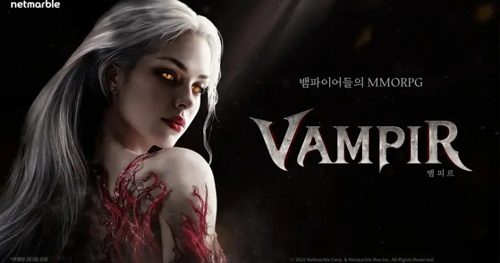 Vampir teaser image from Netmarble's vampire MMORPG featuring gothic horror theme, dark fantasy world, and pre-registration character classes.