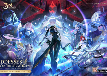 Goddess of Victory NIKKE third anniversary update image shows SSR Pilgrims Nayuta Liberalio, free character Chime, Surface Beta battle mode, Shift Up Level Infinite, and NIKKE anniversary event.