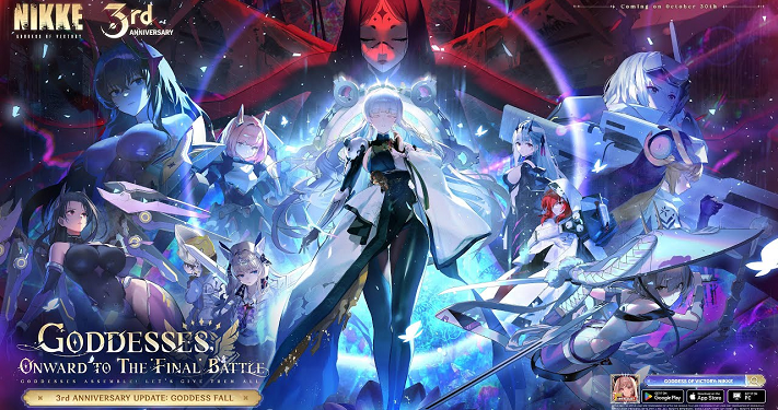 Goddess of Victory NIKKE third anniversary update image shows SSR Pilgrims Nayuta Liberalio, free character Chime, Surface Beta battle mode, Shift Up Level Infinite, and NIKKE anniversary event.