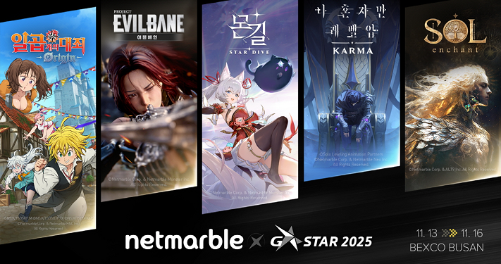 Netmarble G-Star 2025 Pavilion at the Busan game expo showcases Project Evilbane, The Seven Deadly Sins Origin, Level Up Alone Karma, and SOL Enchant.
