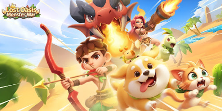 Lost Oasis Monster War gameplay showing Peraspera's idle strategy game with monster taming and tower defense mechanics on mobile gaming platform.