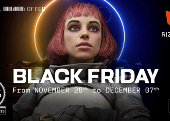 RizomUV Black Friday banner showing UV mapping software boosting 3D artists, texture artists and game development workflows on screen.