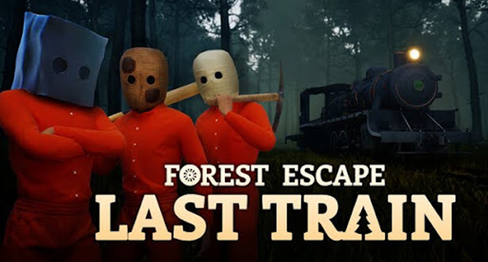 Forest Escape: Last Train co-op horror game screenshot showing train in forest by AAA dev FragLab and TwoCakes, Backrooms-inspired.
