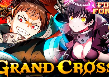 Netmarble's Fire Force collaboration banner for Seven Deadly Sins Grand Cross mobile RPG featuring anime collaboration gacha game roster.