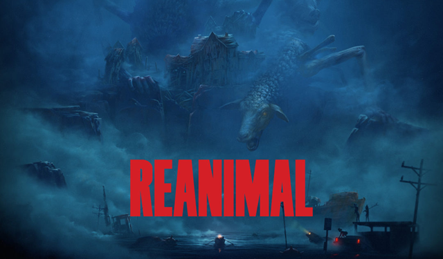 Reanimal gameplay showing two child characters using a shared camera during a tense co-op stealth sequence inside a dark, flooded industrial setting.